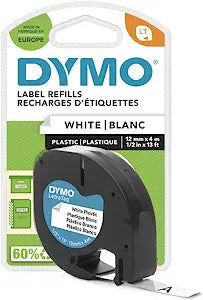 Dymo S0721660 LetraTag Plastic Tape, Self-Adhesive, 12 mm x 4 m Roll, Black Print on White