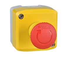 Schneider Harmony XALD, XALK, Control station, plastic, yellow lid, 1 red mushroom push button Ø40, turn to release, 1 NC